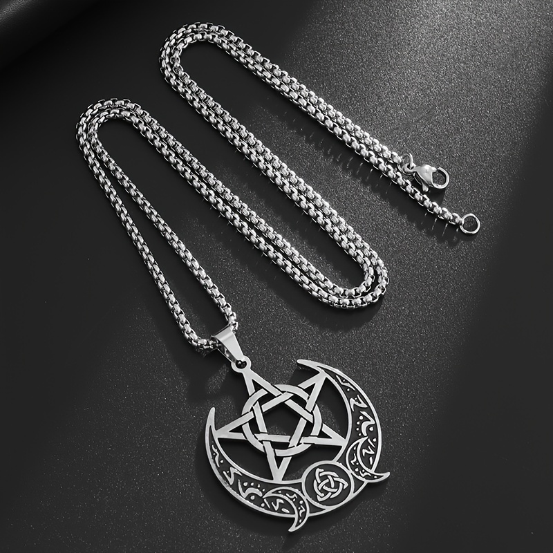 Vintage Mystery Stainless Steel Celtic Pentagram Moon Pendant Necklace